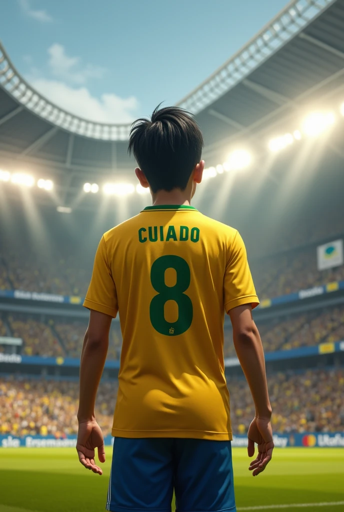 creates an image of a boy from behind with straight straight black hair, with the Brazilian team shirt with the name "cuidado e não se apaixona bebê" and the number 8 and the boy walks around the stadium (realistic style, and better quality) (Josué: adult, 1 ,74)