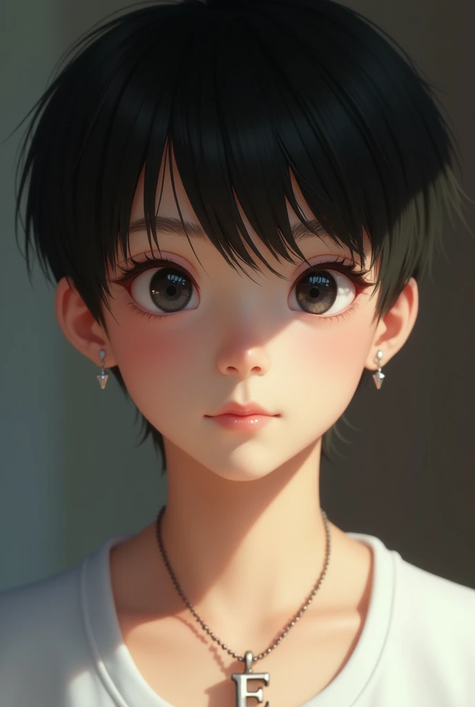 (Close-up of a better masterpiece:1.5)0.9] Cute Asian boy with black eyes and short straight hair wearing a white shirt and necklace with a letter E
