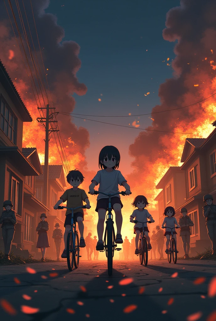 3 boys and 2 girls are on bikes,and in the background there is war with houses on fire ,to smoke it , bombing and soldiers running villagers are crying and running ,  il fais nuit ???? !  style anime un peu réaliste 