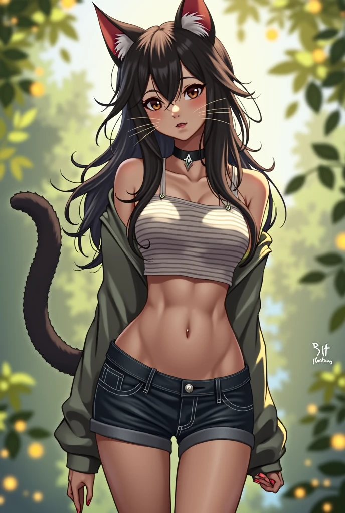An anthropomorphic female cat with delicate, dark fur and long, flowing whiskers. She’s wearing a striped crop top and dark denim shorts, standing in a relaxed, natural pose. Her eyes are large and captivating, exuding a sense of quiet confidence. Her sandals have been replaced with small, delicate paw pads, giving her a graceful, feline appearance.