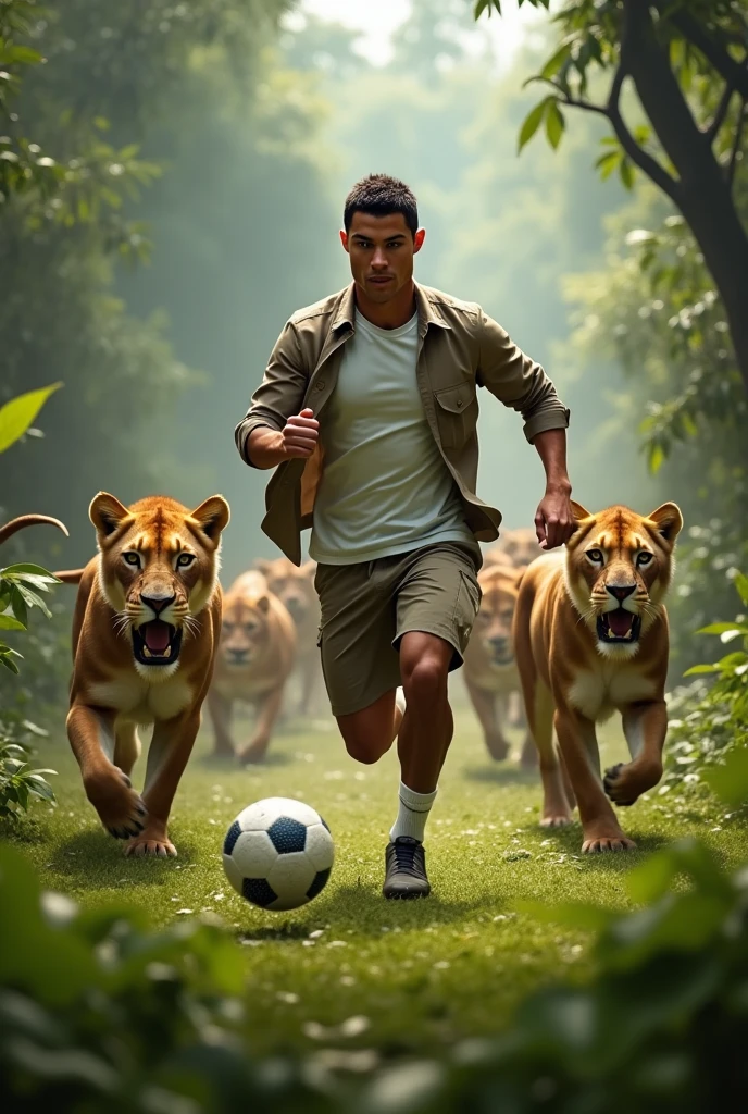 Cristiano Ronaldo;dans la jungle;porte un t-shirt blanc et une chemise kaki;une culot et rattrape le ballon;des lions qui court,qui urle derrière lui