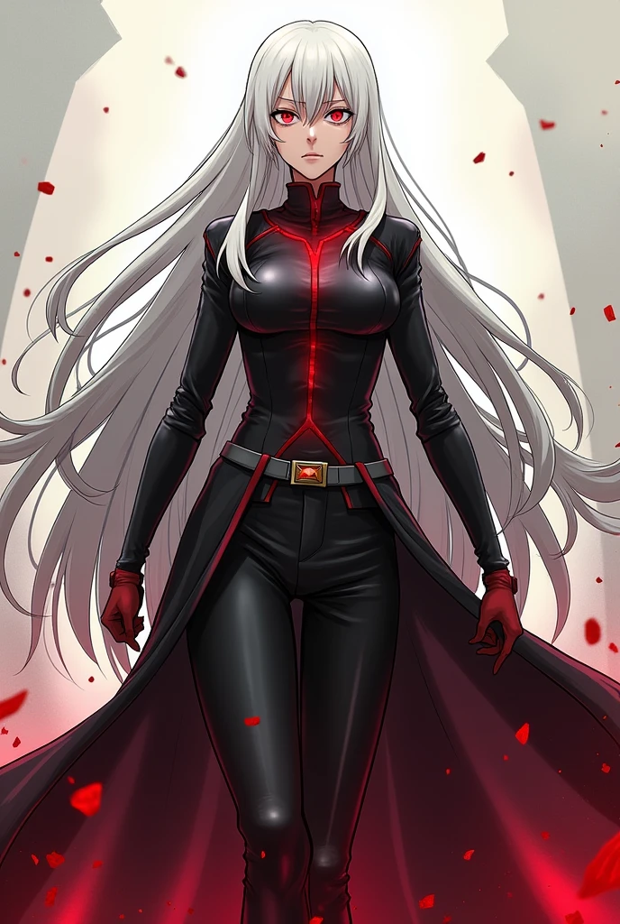 tall woman with long white hair, with red eyes one punch man style

