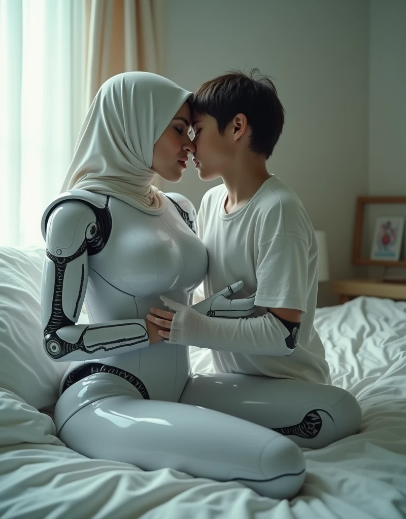 female robot wearing hijab, big breasts, white body, robot arm, playing with age boy on the bed and wearing glove latex