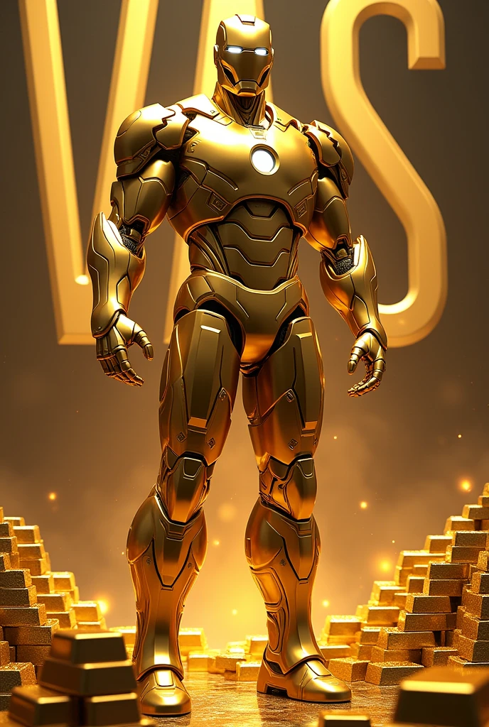 Golden iron man with the name VAS in the background and gold bars in the background