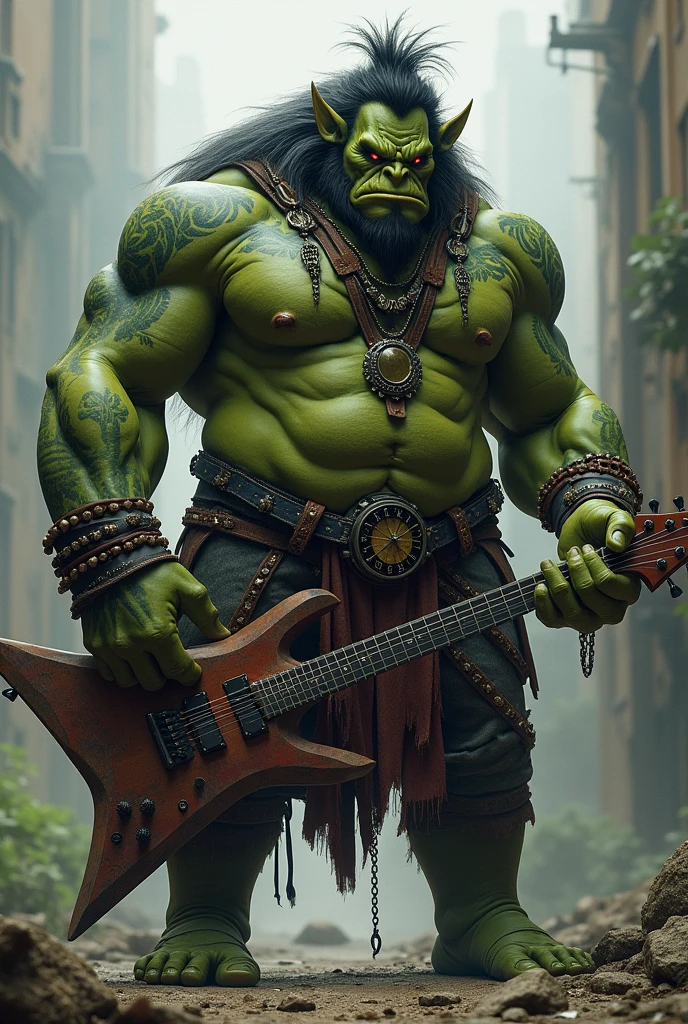 Create a green-skinned orc who is a heavy metal fan and is 2 meters tall and is both muscular and fat at the same time in world
