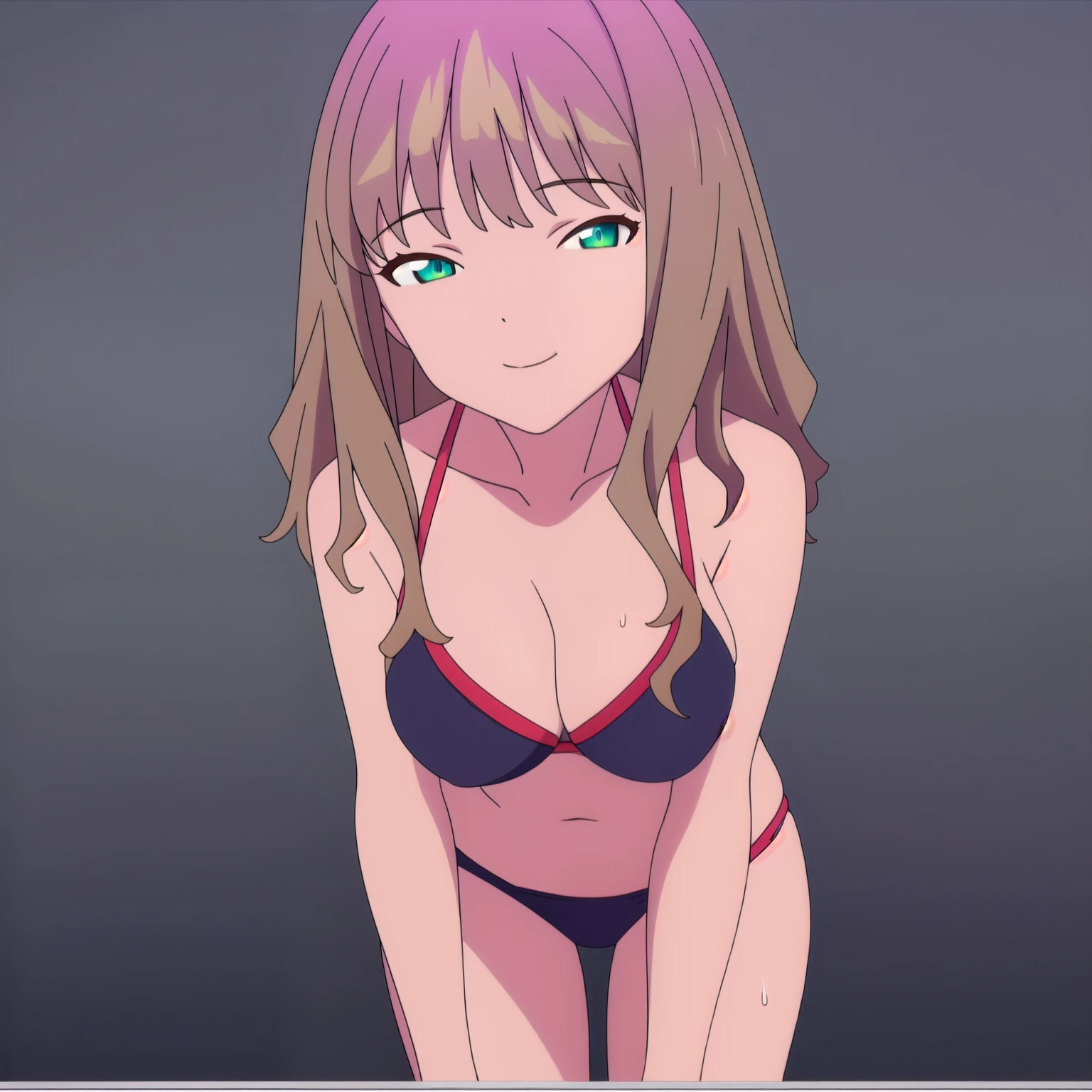 ((masterpiece)),(Best Quality), official art, Extremely detailed CG, unity wallpaper 8k, ultra detailed, detailed eyes, shiny eyes, good body composition, sexy body, bikini, Black background, black bikini, breasts, Brown hair, neckline, cowboy plane, smile, green eyes, leaning forward, by the wide, looking at the viewer, breasts medianos, simple background, Alone, swimsuit, wet, Front view (sexy expression)