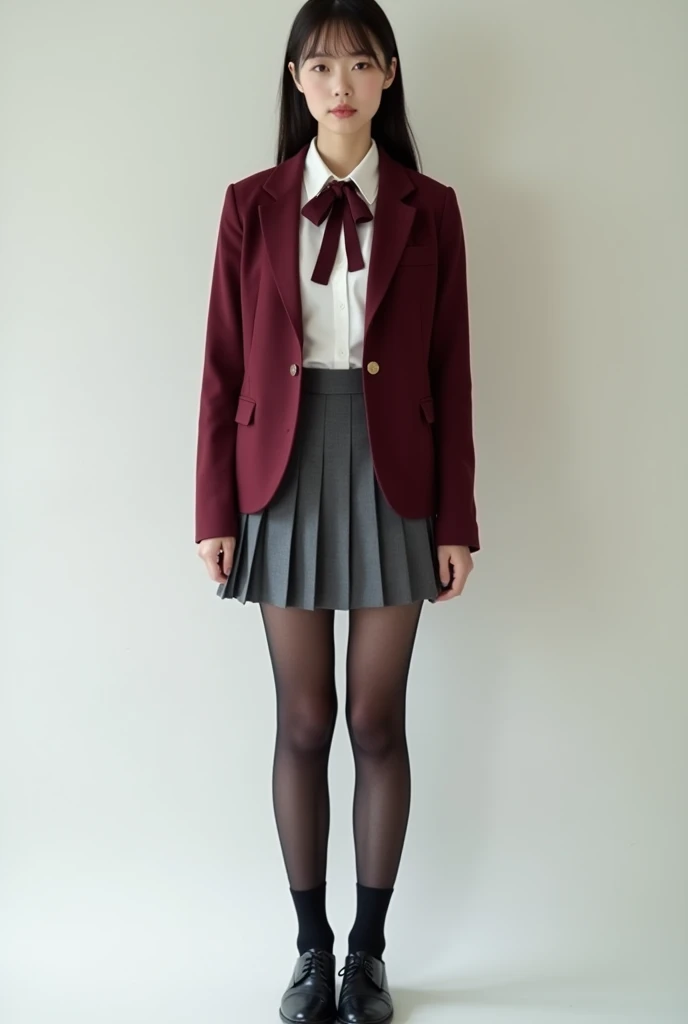 araffe asian womam, 1 female, age 18. Known for her youthful charm and unwavering determination, Her body language is as modest as her personality, always exuding a sense of innocence and resilience, ((She is dressed in a prestigious Tokyo high school uniform)), (((The uniform includes a (tailored maroon blazer with the school crest on the chest), a (maroon necktie), (a white blouse) with a Peter Pan collar underneath that compliment her natural E-cup breasts, a (pleated grey skirt) that emphasizing her figure))), (((She enhances her look with Sheer black stockings and black leather oxford shoes))), carrying her ensemble with an air of subtle confidence. Her accessories are minimal, reflecting her simple lifestyle at this age. ((intricate detail)), super finely detailed hands, ultra finely detailed fingers(((ten fingers))), (standing confidently), (full body showcase), (show full body), (no logos on background), (no logo), ((plain background)), ((plain background)), (((empty background))).