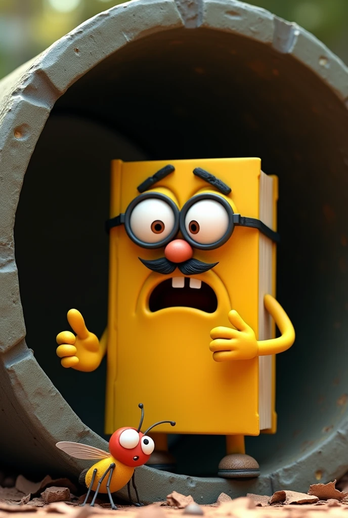 Create a pixar style image of a yellow book with eyes glasses mustache mouth listing things with fingers while talking to a pixar style fly, with a garbage can interior background and the book is desperate