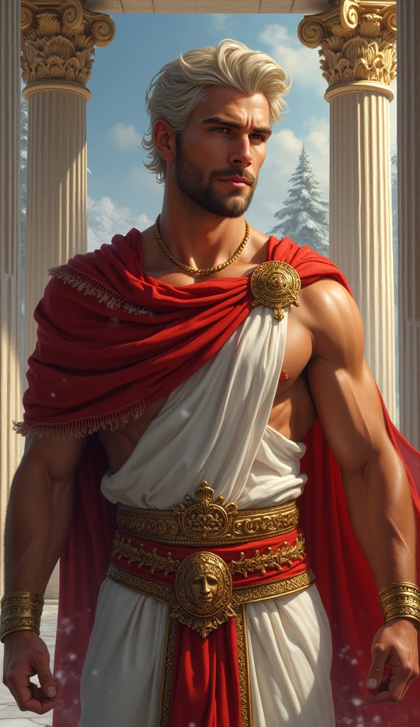 ((artwork)) ((body completo)) ((30 year old man)) body: brownish skin, high, muscular, ((body hair)) ((platinum ruby hair)) male face, barba, beautiful eyes, detailed eyes ((Gold colored eyes)). Expression: Seductive, sonrisa Seductive. CLOTHES: Red Greek Cape, TOGA BLANCA, Gold ornaments, greek prince ornaments. pose: dynamic. scene: greek temple, Greek columns. Decor: winter, decoración de winter brillante, Wonderful lighting.