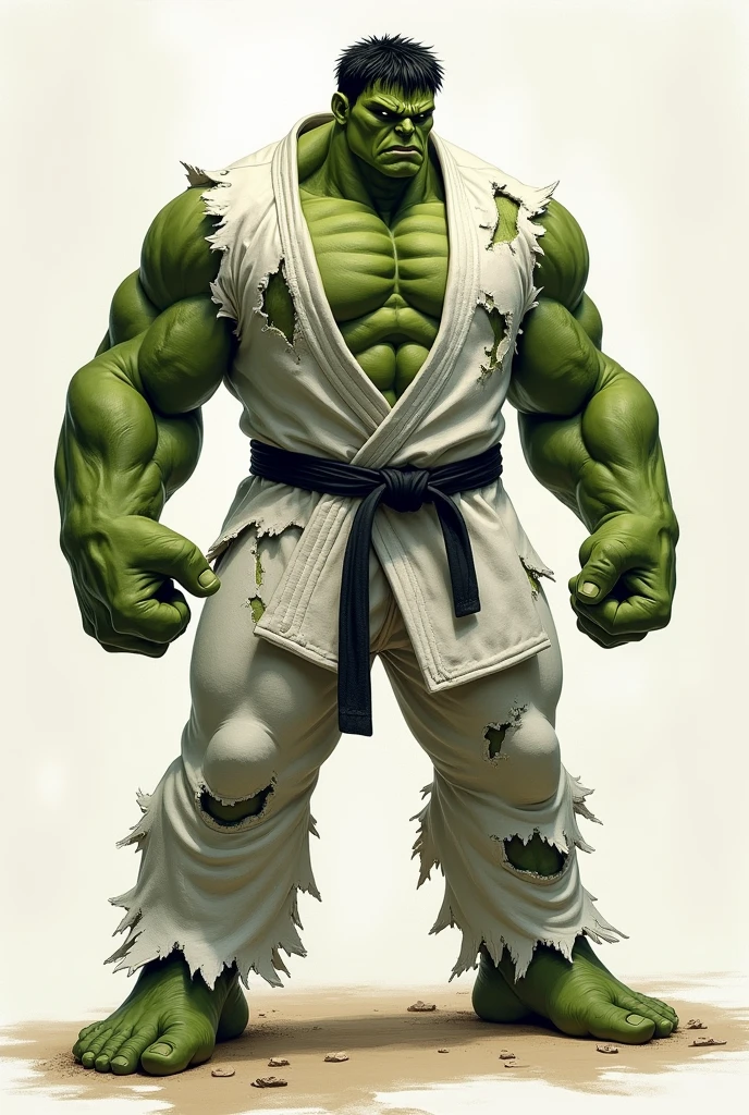 HULK WITH THE GREEN BODY, USANDO KIMONO Jiu Jitsu BRANCO , LONG AND RIPPED SLEEVES ON BOTH ARMS , long and RIPPED pants , black Belt, GIANT MUSCULAR, fully body, old drawing style, white background