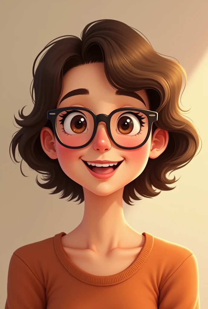She is a 5 lady, has a round and chubby face, has brown hair, It is rolled and cut at the ends and only goes as far as the nape of the neck.. The skin is brown, eyes browns, very smiling and wears glasses that are just lenses and she is a little chubby