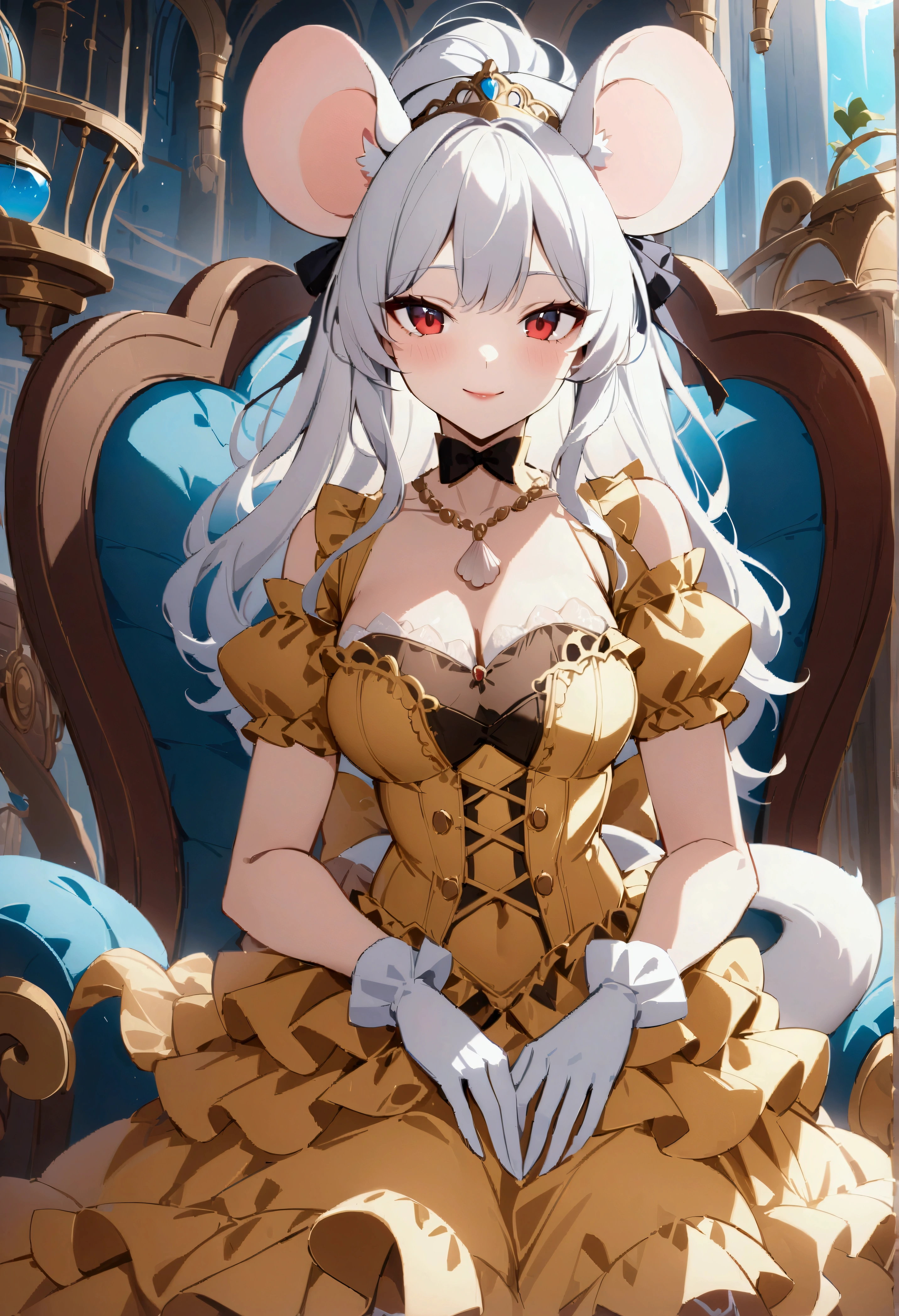 (best quality,4k,8k,highres,masterpiece:1.2), ultra-detailed, Pretty anthropomorphic mouse girl has a princess, drawn in anime style, steampunk, wearing a yellow princess mermaid gown with puffy sleeves, steampunk, gorgeous frilly dress design,flowing gown,elaborate lace details,rich textures,contrast stitching,delicate ribbon bows,floral accents, flowers embroidery, full skirt,short sleeves,fitted waistline,flared cuffs,lace-up back,luxurious fabrics,flawless silhouette, long curly white hair and red eyes, white fur, smiling, mouse ears and tail, high heels, white elbow gloves, gold bracelets, tiara made of seashells, red lipstick, eyeshadow, seashell necklace, sitting elegantly on a throne.