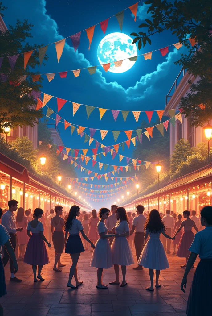 event square all decorated with flags and party lights at the June festival with people dancing and talking at night with a full moon