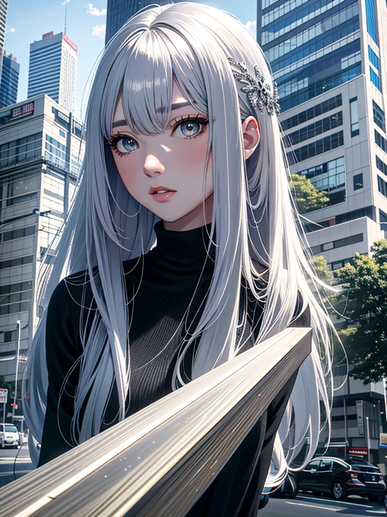 Masterpiece、High resolution、Detailed expression、Huge beauty、Silver Hair、18 meters tall、In a city building