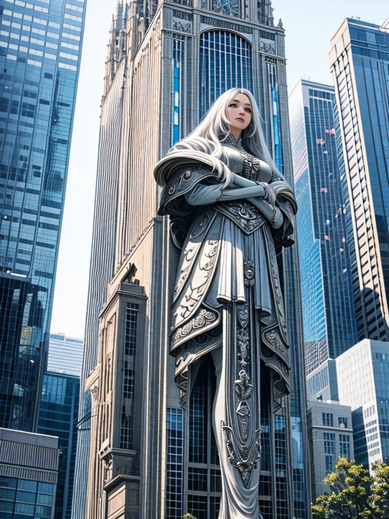 Masterpiece、High resolution、Detailed expression、Huge beauty、Silver Hair、18 meters tall、In a city building