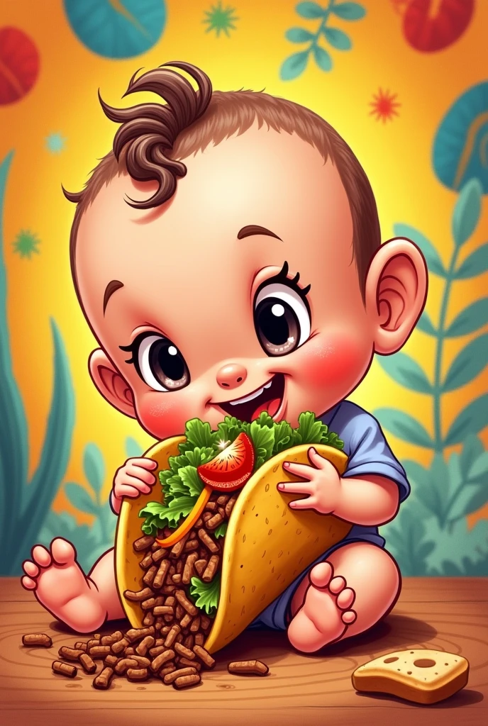 A drawing of a baby eating a barbacoa taco