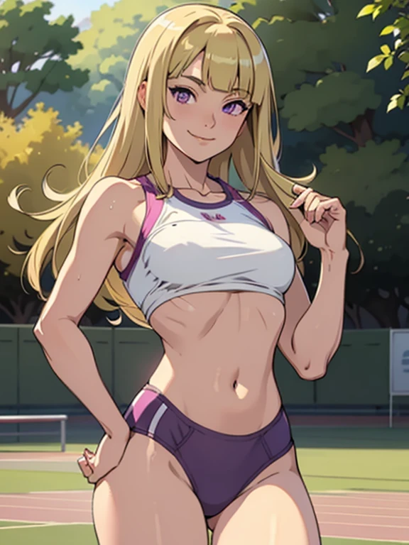 Masterpiece, best quality, 1girl, solo, teen, quarter Japanese, blonde hair, long hair, purple eyes, side parted bangs, short bangs, smile, medium breasts, sports bra, buruma, outdoors, track and field, smug