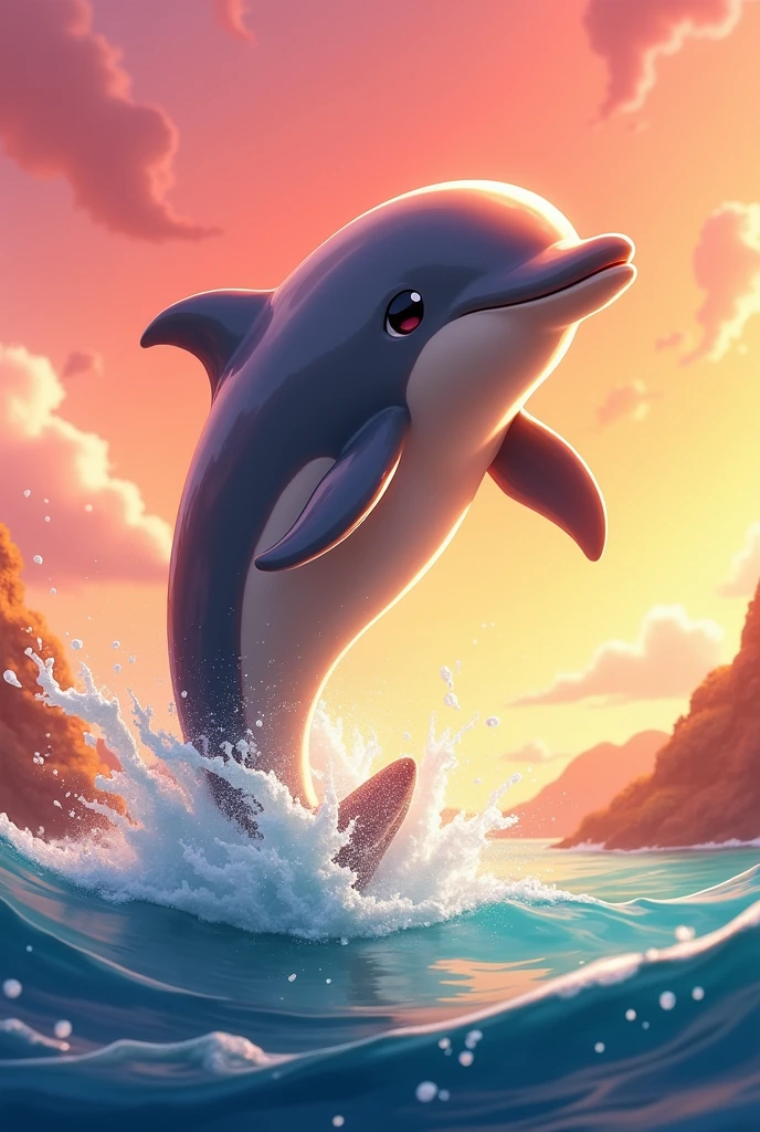 Dolphin jumping out of the water animated with pink tones, oranges and reds the happy and tanned dolphin 