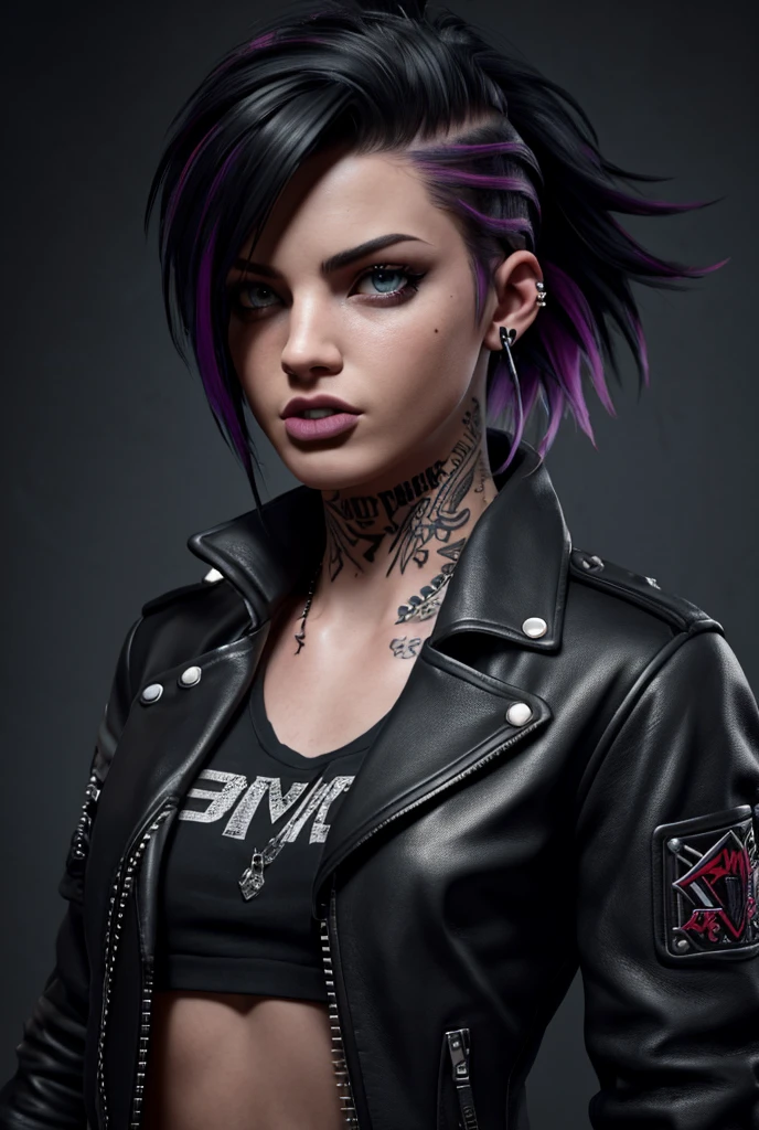 a punk girl, sticking tongue out, rebellious attitude, asymmetric hairstyle, nose piercing, tattoos, leather jacket, ripped jeans, boots, moody lighting, dramatic shadows, grungy background, cinematic composition, hyperrealistic, (best quality,4k,8k,highres,masterpiece:1.2),ultra-detailed,(realistic,photorealistic,photo-realistic:1.37),HDR,vivid colors