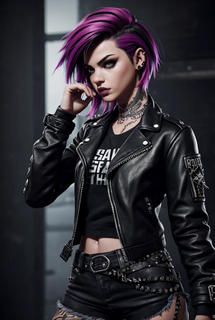 a punk girl, sticking tongue out, rebellious attitude, asymmetric hairstyle, nose piercing, tattoos, leather jacket, ripped jeans, boots, moody lighting, dramatic shadows, grungy background, cinematic composition, hyperrealistic, (best quality,4k,8k,highres,masterpiece:1.2),ultra-detailed,(realistic,photorealistic,photo-realistic:1.37),HDR,vivid colors
