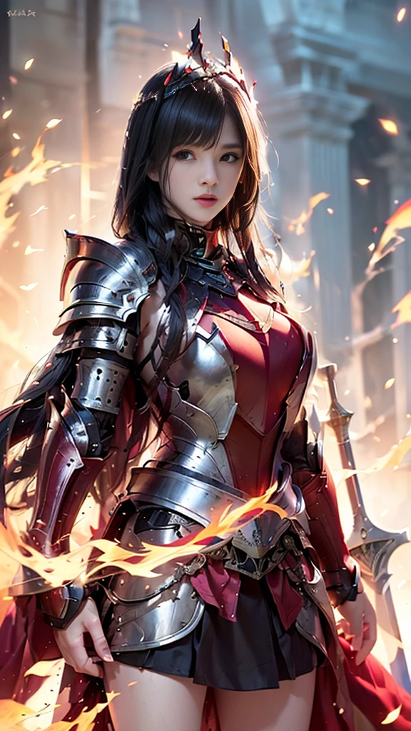 Very beautiful woman、Slender women、(Detailed face)、Realistic Skin、((Knight of Fire)), (((Red Armor:1.25)))、((((Black armor with very fine and intricate decoration))))、((Delicate photo))，(Girl Astepeace RAW Photo Details:1.25), (highest quality:1.6), (超A high resolution:1.5), (Realistic:1.75), 8K resolution, Canon EOS R5, 50mm, Absurd, Ultra-detailed,Cinema Lighting,Battlefields of Medieval Europe、((battle))、RPG World、Final Fantasy、(((Embellished skirt)))、Thigh-high socks、Shin Guards、night、((too long bangs))、((Long straight black hair))、Get six-pack、Torn Cloak、Beautiful Armor、(((Giant Sword)))、In combat、The wind is blowing、(((Inferno filling the entire area)))、(((Leading a large group of red knights)))、(((Knight Commander)))、Armor with a Phoenix motif、Old scar on right cheek:1.2、((Fire blaze))、(((Battle Scene)))