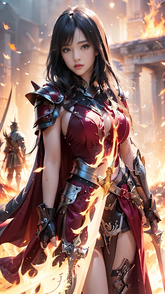 Very beautiful woman、Slender women、(Detailed face)、Realistic Skin、((Knight of Fire)), (((Red Armor:1.25)))、((((Black armor with very fine and intricate decoration))))、((Delicate photo))，(Girl Astepeace RAW Photo Details:1.25), (highest quality:1.6), (超A high resolution:1.5), (Realistic:1.75), 8K resolution, Canon EOS R5, 50mm, Absurd, Ultra-detailed,Cinema Lighting,Battlefields of Medieval Europe、((battle))、RPG World、Final Fantasy、(((Embellished skirt)))、Thigh-high socks、Shin Guards、night、((too long bangs))、((Long straight black hair))、Get six-pack、Torn Cloak、Beautiful Armor、(((Giant Sword)))、In combat、The wind is blowing、(((Inferno filling the entire area)))、(((Leading a large group of red knights)))、(((Knight Commander)))、Armor with a Phoenix motif、Old scar on right cheek:1.2、((Fire blaze))、(((Battle Scene)))