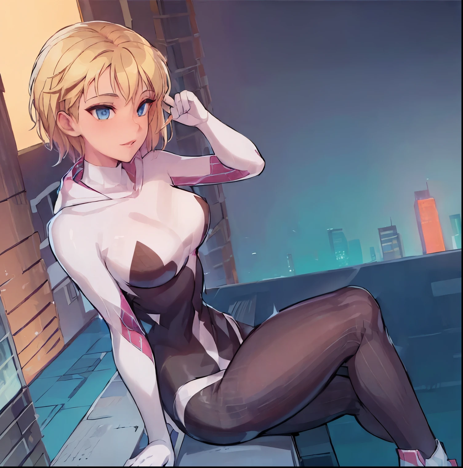 ((1girl)),((alone)),Gwen stacy,\( spiderman\),(masterpiece), (best quality), (ultra detailed), (best illustration), (best shadow), (absurdities), sharp focus, cowboy shot, atmospheric perspective, depth of field, dynamic posture, ((looking at viewer)), medium breasts, narrow waist, medium hips, wide thighs, round butt, erotic, romantic, (highly detailed eyes, lips 1.1), very detailed eyes, eyes, Very detailed face, Very beautiful face, Symmetrical face, Aesthetic face, perfect face, perfect eyes, detailed eyelashes: 1.5), full height, beautiful slim figure, femininity, expressive appearance, elastic big breasts , sexuality, parted lips, (blue eyes), blonde hair, short hair, Ghost spider, gwen in a black suit with a spider in the center of her chest in white, organic looking suit, sticky forehead, symbiote, white eyes, curves, defined body,Perfect and beautiful body, perfect and beautiful, closed mouth, mocking smile, flirtatious expression,(sexy pose: 1.2), ((solo)), standing: 1.3,((outdoor, cityscape, city, rooftop of a skyscraper, buildings, leaning on a railing, buildings, night, city lights)), Looking forward, ((focus on breasts: 1.3)), point of view: (from the middle), perfect anatomy, perfect hands