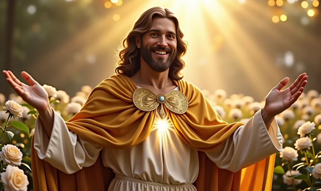 Ultra realistic Christ smiling with a loving face with his hands in a gesture of welcoming the viewer with open arms, chic velvet gold cape. his heart is ultra radiant, loving, shining eyes to the viewer, of light to convey depth and white rose garden background, many lights coming from the sky
