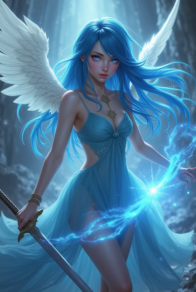 Masterpiece, top quality, pink hair, blue lightning, realistic, realistic details, details. Blue clothes. Blue thunder. Blue crystal. Airborne particles. Blue smoke. Blue crystals around. Blue smoke wafting around. Kneeling. Warping the body. Warping the body. Devil's wings. Tattoo. Tattoo. Get on your knees. School uniform. High school student. jk。
1 girl, beauty, seductive face,, fine skin, anicos_inori,, long hair, navel, parted sleeves, bare shoulders, center opening, cleavage, middle breast, long feathered hair clip, blue hair ornament, red eyes, thigh height,look at viewer,isekai,mini skirt、darkness ochi. Luminous eyes.