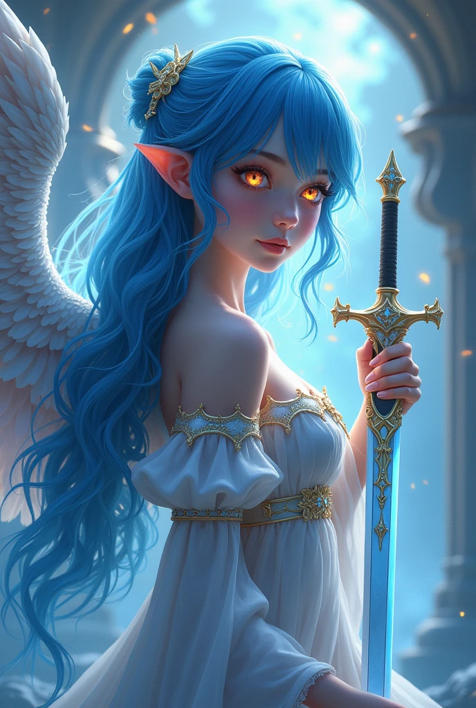 Girl with long blue hair ,eye color ,with wings and a sword