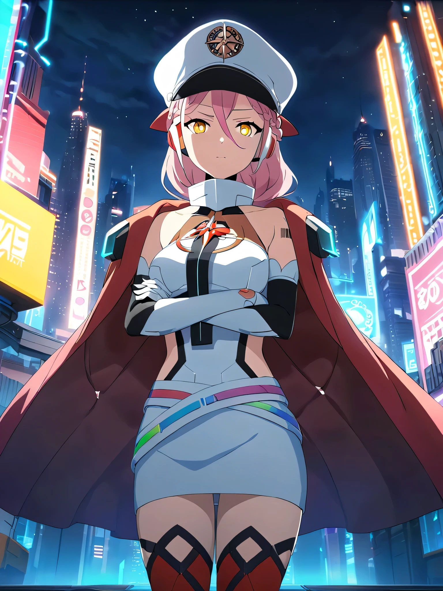 dslandy, pink hair, long hair, braid, yellow eyes, android, barcode tattoo, military uniform, white dress, cape, hat, elbow gloves, red thighhighs, 1girl, solo
BREAK
crossed arms, futuristic city, skyscrapers, neon lights, night, cowboy shot, depth of field, cinematic, game cg, anime screencap, official art, masterpiece, best quality
