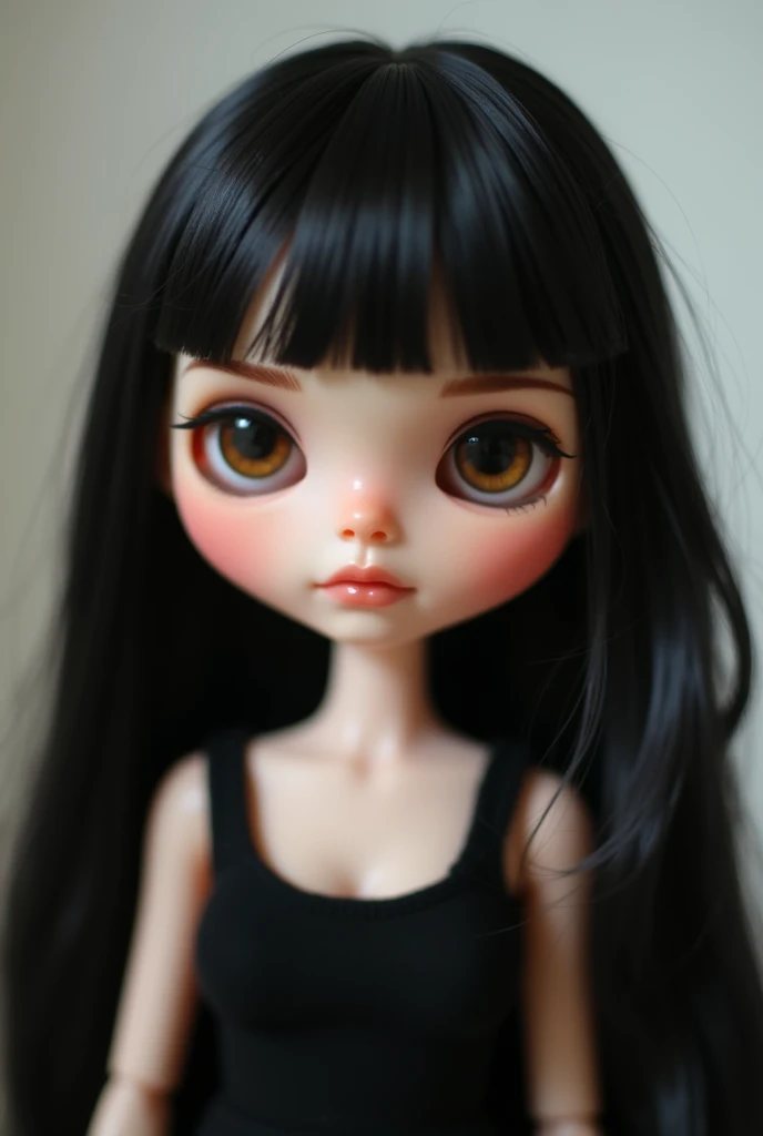 Blythe doll with slightly slanted brown eyes, long black hair without bangs and small amount of hair, light skin but not too much and a face with cheeks ,pointed nose and a black tank top