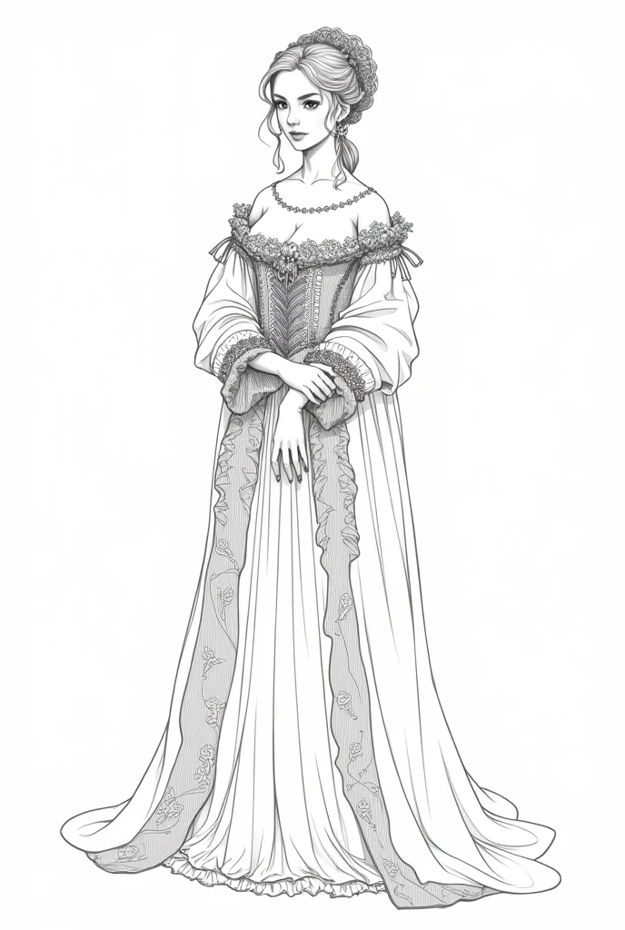 Female character in Renaissance clothing in lineart drawing style