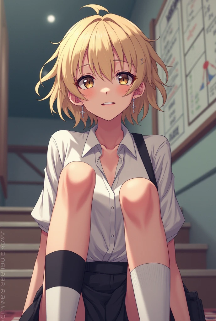 1 anime girl, adult anime face, Snide smile, closed eyes, bang, kneeling, no panties, White shirt, Red tie, head tilted to the side, twirling hair around finger