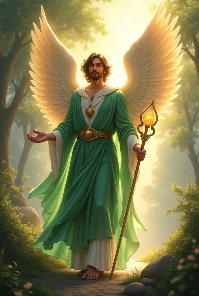 "Depict Archangel Raphael as a majestic male angel, exuding a calm and healing presence. He is dressed in flowing, emerald green robes that shimmer softly, symbolizing health and renewal. His wings are large and graceful, with a gentle, golden glow that radiates warmth and tranquility. In one hand, he holds a staff with a shining crystal at the top, representing his role as a divine healer. His face is serene, with kind eyes and a gentle smile, conveying compassion and wisdom. The background is a peaceful, natural landscape with soft, golden sunlight filtering through lush trees, symbolizing healing and harmony."