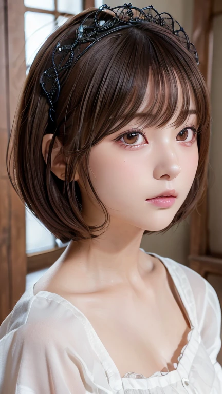 Highest quality, Face Focus, Soft Light, Ultra-high resolution, (Realistic:1.4), RAW Photos,
One of the Japan, alone, cute, (pupil, light in your eyes), Beautiful face in every detail, (Gothic Maid Outfit、Headdress),(High resolution detail of human skin texture),
(Bobcut)、Loose and fluffy hair、
indoor,
(Portraiture)