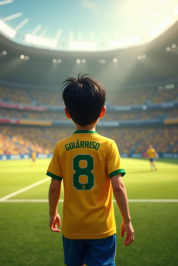 creates an image of a boy from behind with straight straight black hair, with the Brazilian team shirt with the name "cuidado e não se apaixona bebê" and the number 8 and the boy walks around the stadium (realistic style, and better quality)