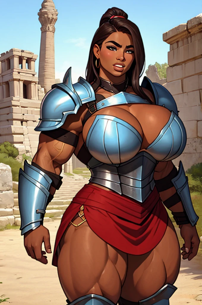 SFW close up, young girl, amazon warrior in an ancient greek-like city, chest armor huge breastplate, young, teens, muscular, athletic, buff, attractive, curvy, powerful, bulky, incase, super tanned, dark bronzed skin, extremely huge thighs, hypermuscular legs, extremely pumped up quad muscles, wearing armor, perfectly round breasts, breast implants, fake tits, parted lips, exaggeratedly thick thighs