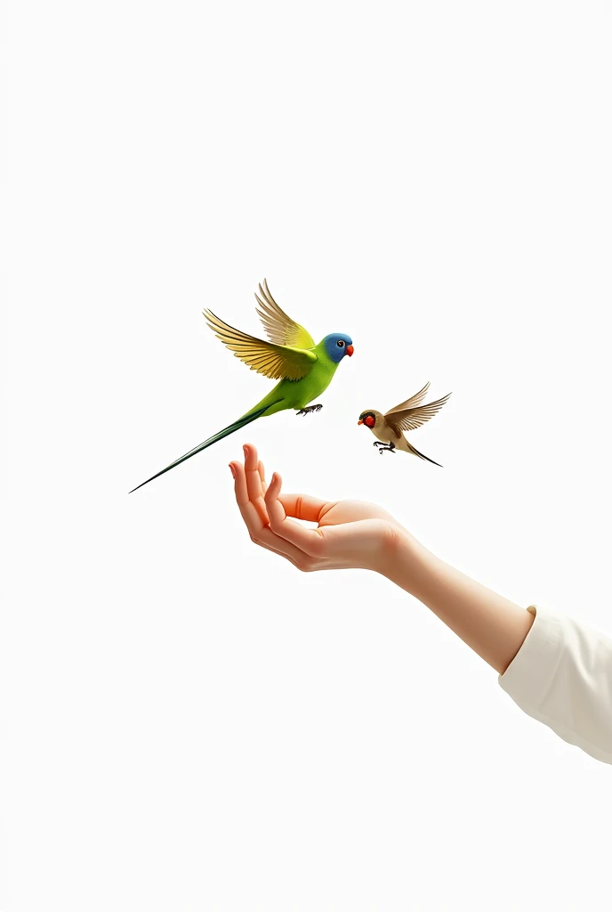 A parakeet and a sparrow flying together. white background. In the center a hand making the letter "L"