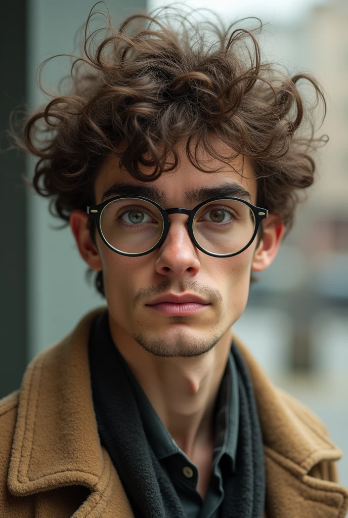 A guy with circle glass and curly hair