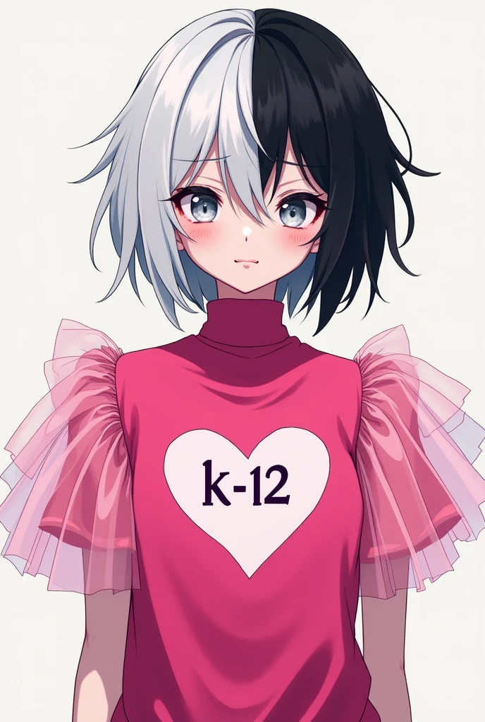 A Skin Man:Clear Eyes:brown Style:anime body:thin and tall Hair:split in half one side white and the other side black Clothes:a hot pink shirt with puff sleeves made of light pink tulle, a heart in the middle of the shirt with the writing "K- 12"