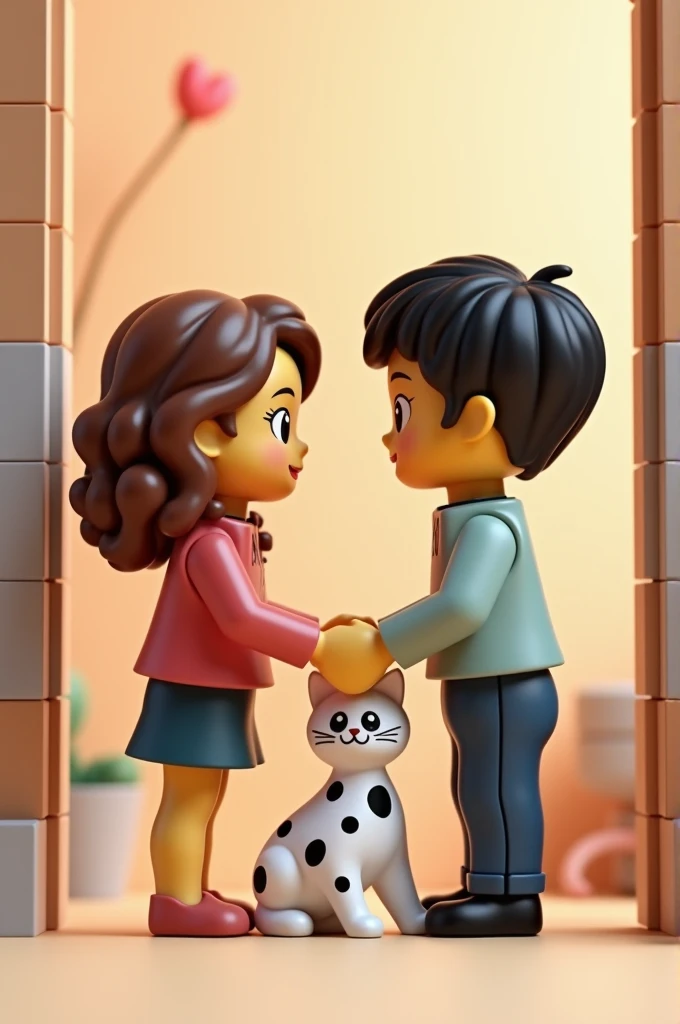 Lego couple. Brunette curly haired girl holding hands with a brunette boy with straight black hair with white cat with black spots