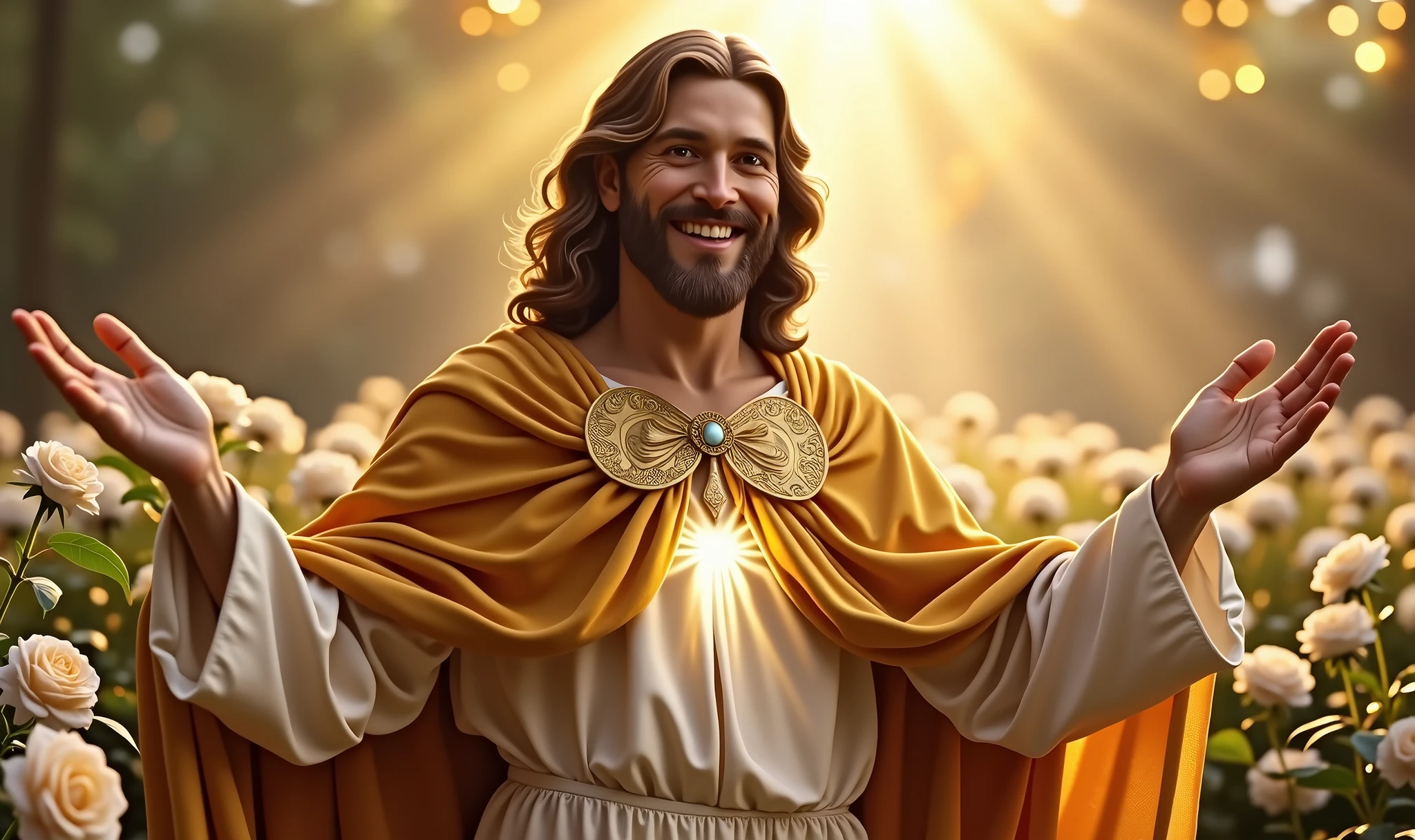 Ultra realistic Christ smiling with a loving face with his hands in a gesture of welcoming the viewer with open arms, chic velvet gold cape. his heart is ultra radiant, loving, shining eyes to the viewer, of light to convey depth and white rose garden background, many lights coming from the sky