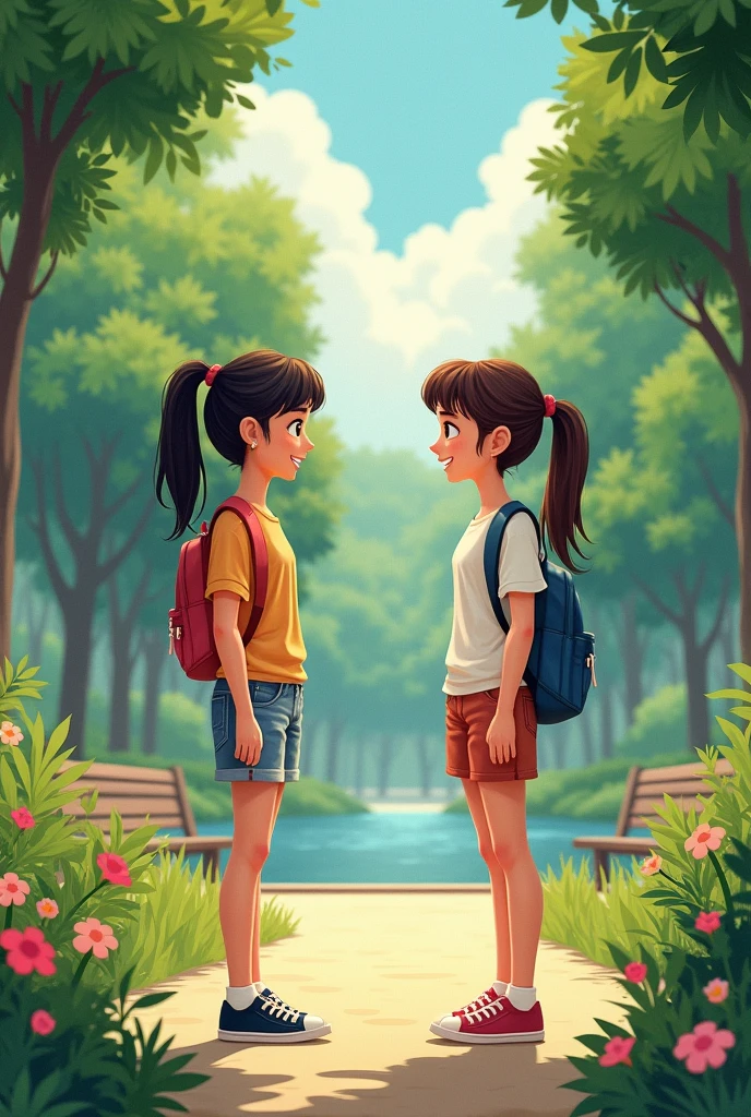 Two girls talking in the park