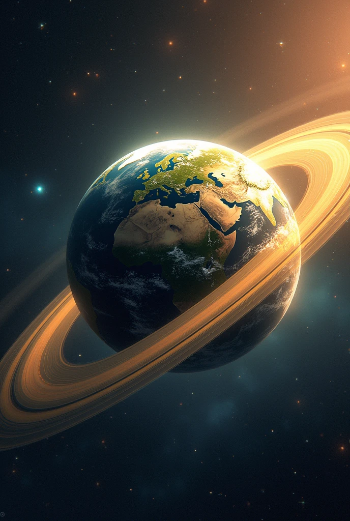 A planet like Saturn but with the colors of the Earth, and with big stars around it
