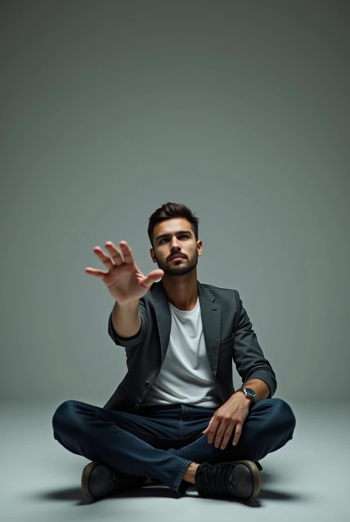 A professional background photo of a young man reaching out a hand into nothingness, sitting on the floor with legs open
