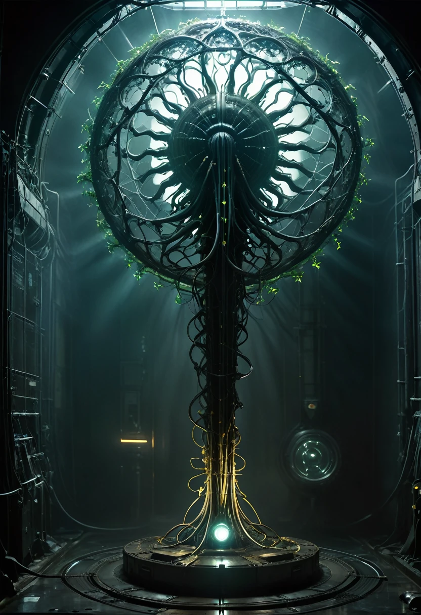 Depict SCP-003 in its containment chamber. Show a large, intricate, organic structure with glowing, pulsing veins growing out of it (SCP-003-1), resembling a fleshy, plant-like mass. This structure should be connected to a circular, mechanical device (SCP-003-2) with various dials, screens, and wires. The mechanical part looks ancient yet advanced, made of metals and glass-like materials, radiating a faint bluish glow. The room is dark, industrial, and sterile, with caution markings around SCP-003 and containment protocols displayed. Scientists and personnel are observing it from a safe distance, highlighting the sense of danger and intrigue.