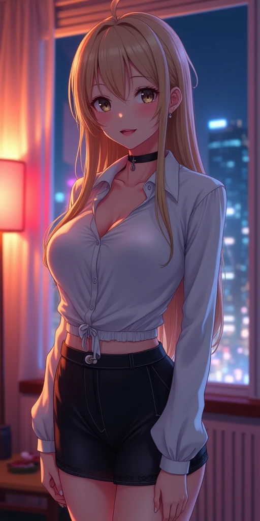 (RAW photo), (Realistic), (photo-realistic), ultra high resolution, masterpiece, highest quality, perfect lighting, detailed lighting, dramatic shadow, ray tracing, 1 Japanese beautiful girl, Voluptuous, cleavage, symmetrical eyes, beautiful detailed eyes, chubby lips, red lips, Super high resolution perfect beautiful teeth, big , big ass, big thick thighs, long straight hair, blonder hair, earrings, half open mouth, smiling, looking at viewer, ((Wearing a white blouse)), ((mini Skirt)), ((black lace panties)), ((inside the beautiful apartment)), ((night)), ((neon lights)), standing pose, manga style, anime features manga style, fully body, anime style