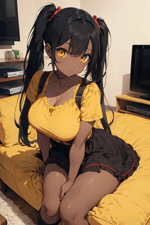 1 female, darker skin, black twin tail hair, yellow eyes, huge breast, legs, red long vintage dress, sexy body, home, living room, tv, video games