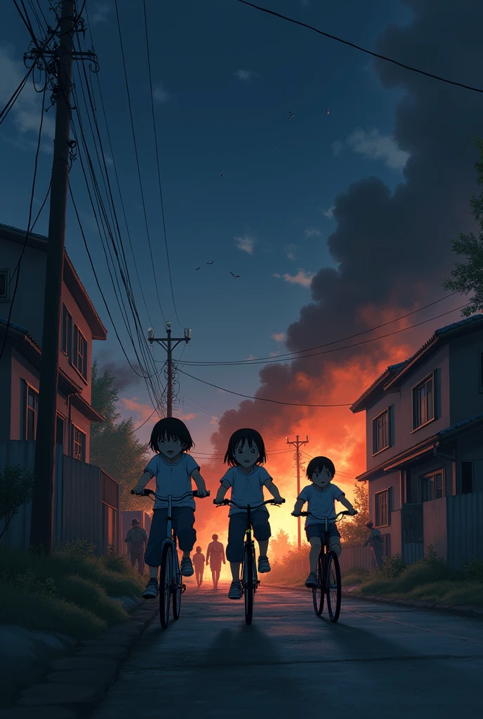 3 boys and 2 girls are on bikes they are on the side,and in the background there is war with houses on fire ,to smoke it , bombing and soldiers running villagers are crying and running , il fais nuit noir ! style anime un peu réaliste